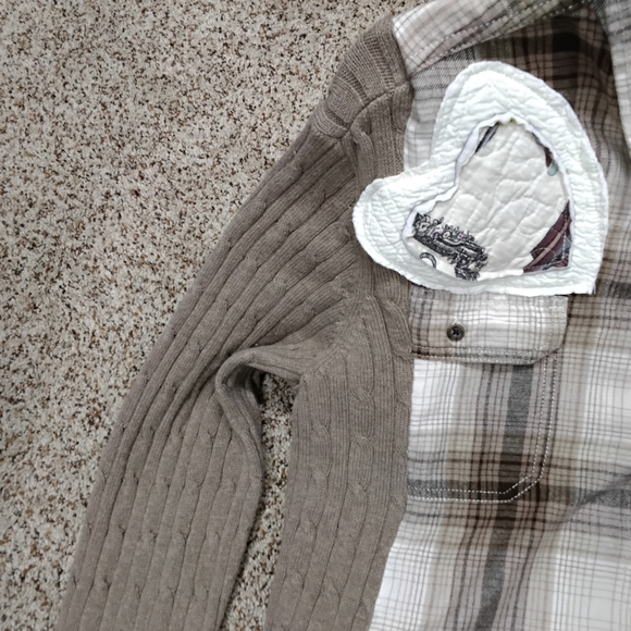 3857 Size XL Upcycled Plaid Button Down Shirt with Cable Knit Sleeves - Picture 3 of 5